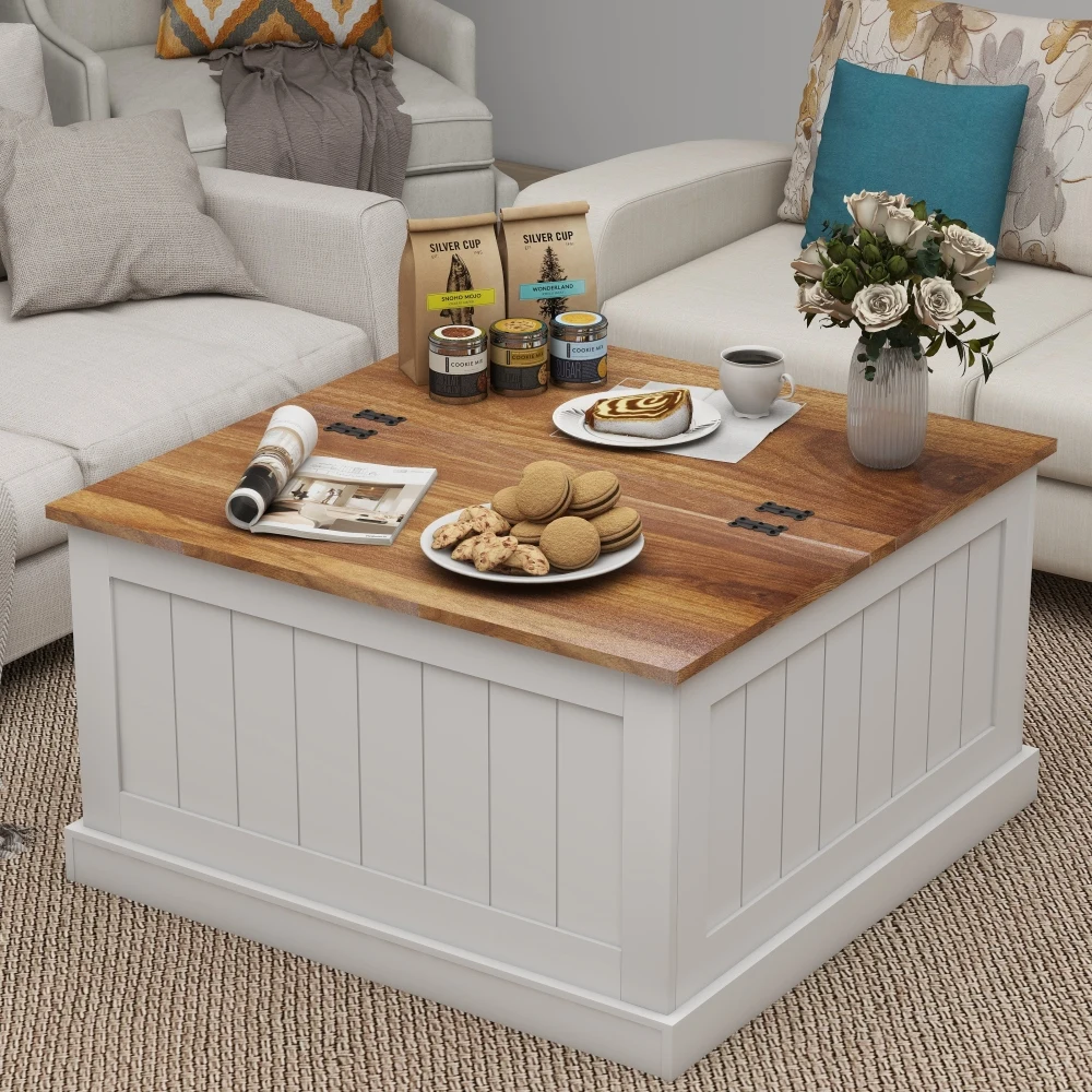 Coffee Table, Square Wood Center Table with Hinged Lift Top, Rustic Cocktail Table with Large Hidden Storage Compartment