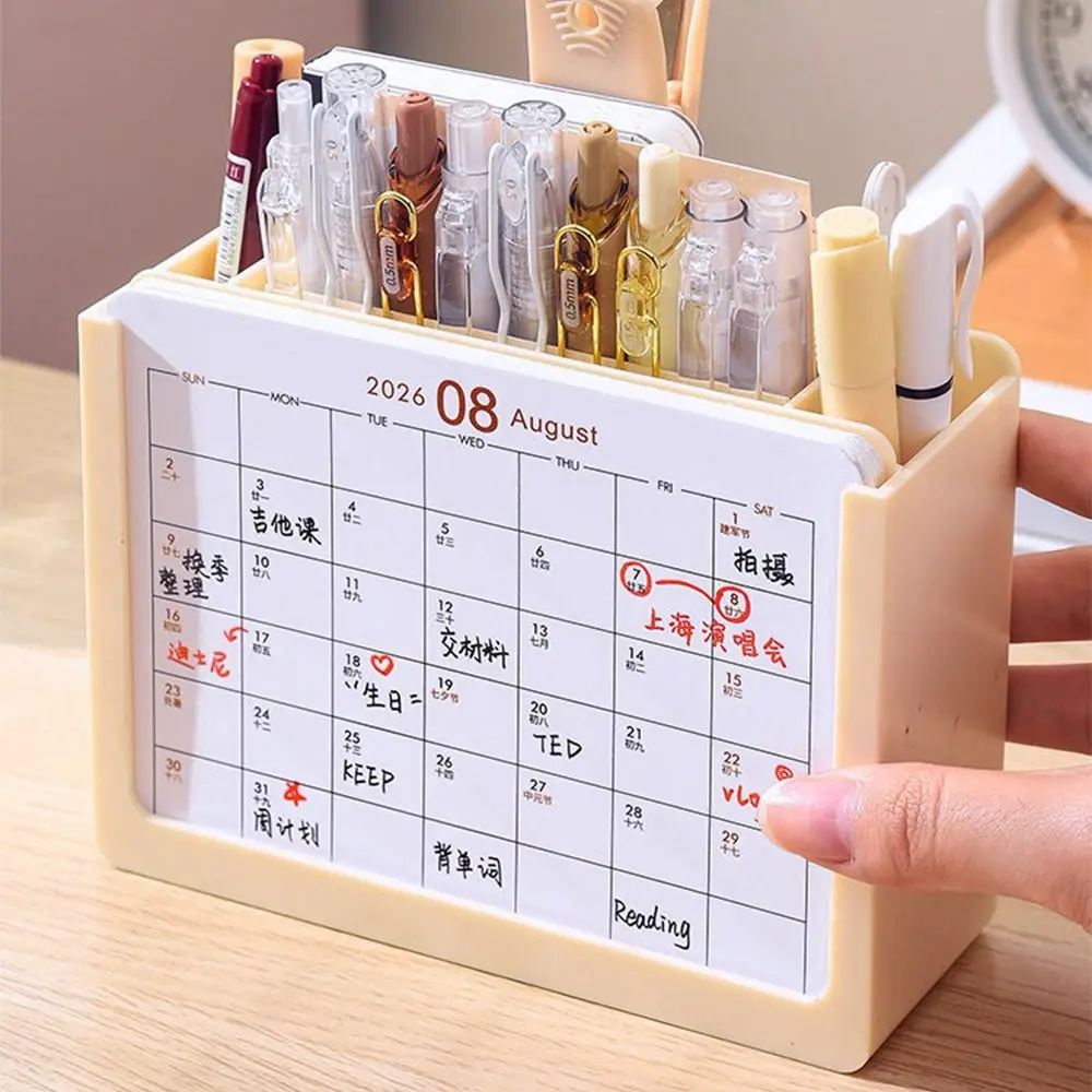 Space-Saving 2027 Desk Calendar Pen holder Plastic 3 Grids Desktop Stationery Organizer Durable Lightwight