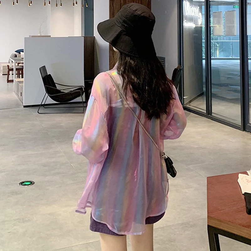 Rainbow Women Blouses Tops Long Sleeve Casual Turn-down Collar Cardigan Female Summer Trendy Sunscreen Girls Streetwear