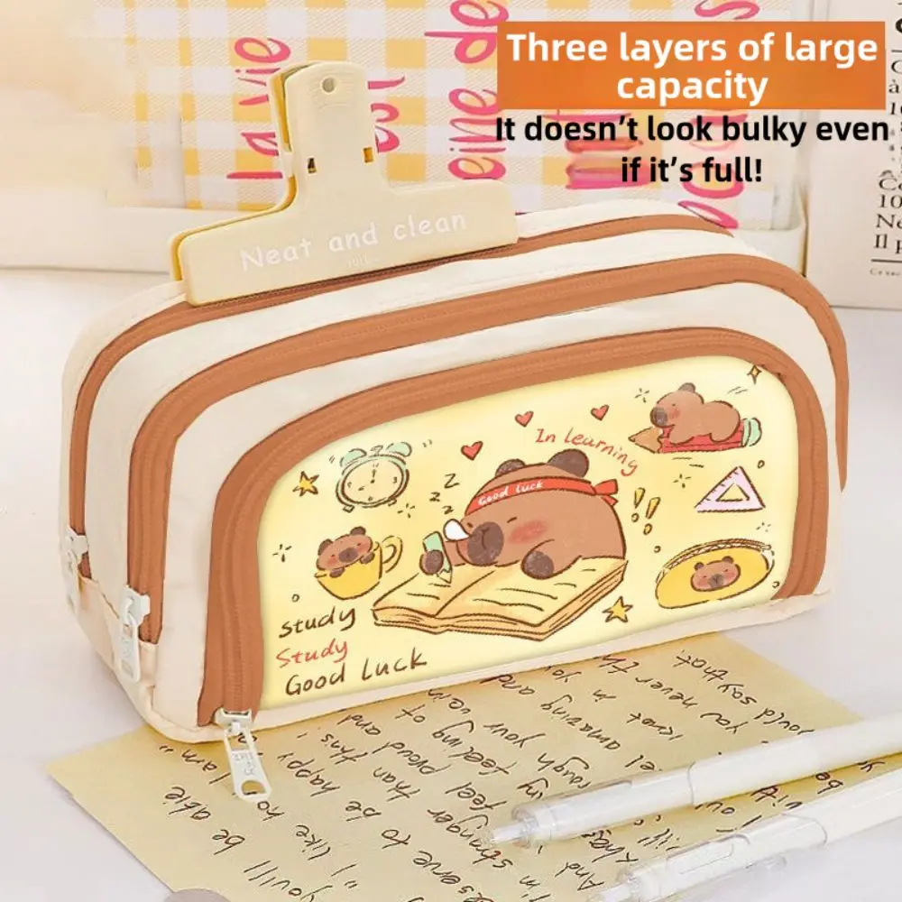 9 في 1 مجموعة حقيبة أقلام كابيبارا 3 طبقات مع حقيبة شبكية حقيبة تخزين أدوات مكتبية سعة كبيرة مقلمة قماشية عالمية
