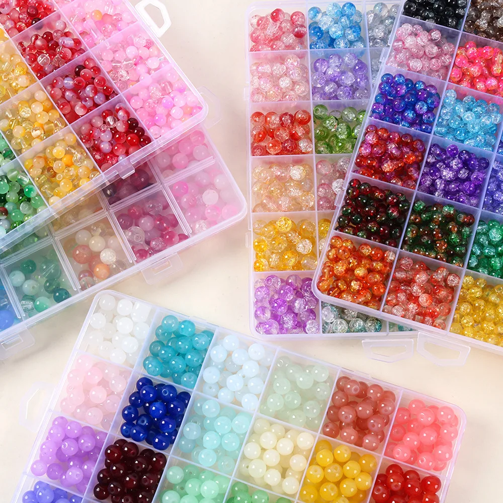 Dopamine Multicolor Crackle Glass Beads Kit 6/8mm Solid Glossy Gradient Beads 24 Compartment Storage Box DIY Handmade Bracelet E