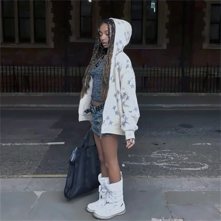 Women Harajuku Star Printed Sweatshirts Loose Casual Cardigan Tops Coats Streetwear Y2K Gothic Grunge Vintage Zip Up Hoodies