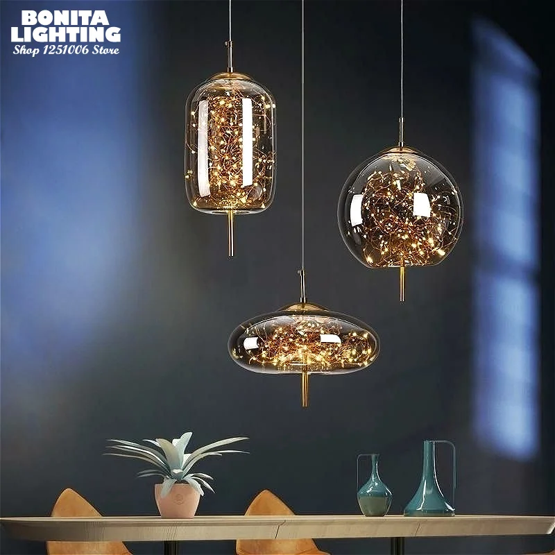 Star LED Strings Pendant Lamp Smoky Grey Globe Glass Hanging Light for Dining Room Bar Shop Modern Ambient Lighting Fixture