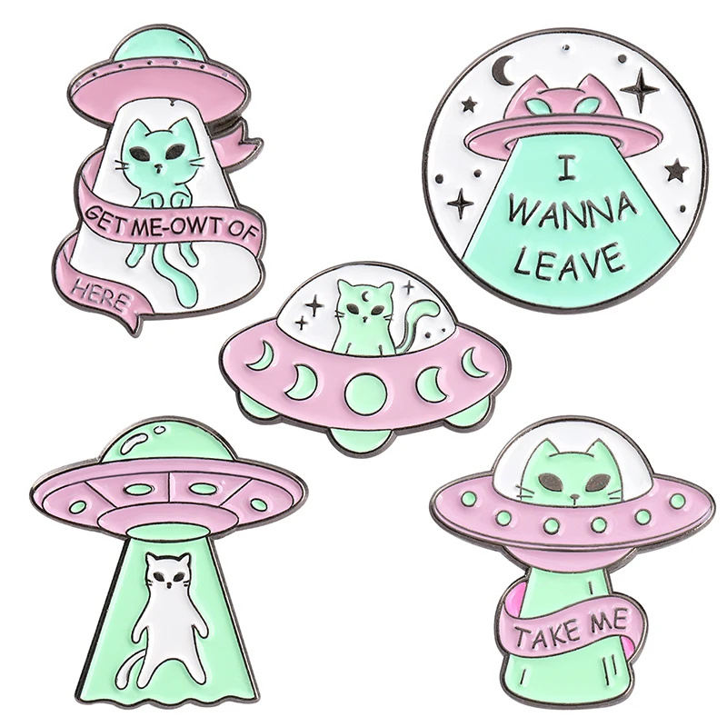 UFO Cats Enamel Pins I WANNA LEAVE Brooches Backpack Clothes Lapel Badges Space Travel Astronaut Jewelry Gift for Friends