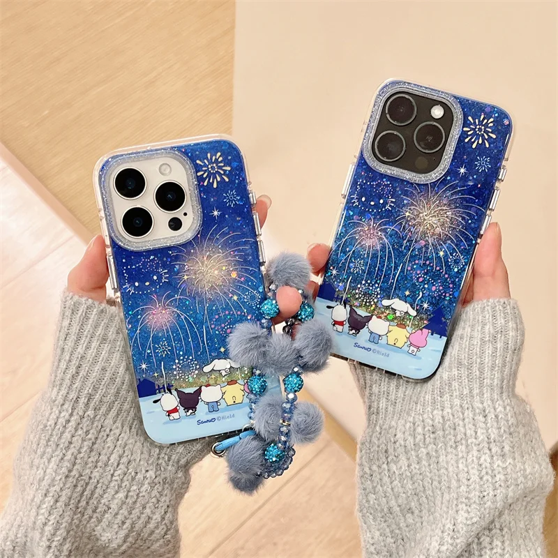 

Luxury Bling Fireworks Cute Hello Kitty Kuromi My Melody Cinnamoroll Glitter Cartoon Case For iPhone 13 14 15 16 Pro Max Cover