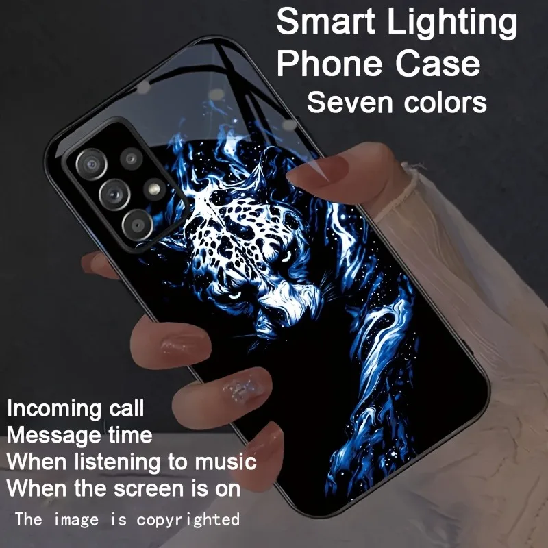 Wild Highlight Blue Leopard Colorful Smart Light-Up Phone Case For Samsung S25 S24 S23 S22 S20 FE S26 Ultra Glass Back Cover LED