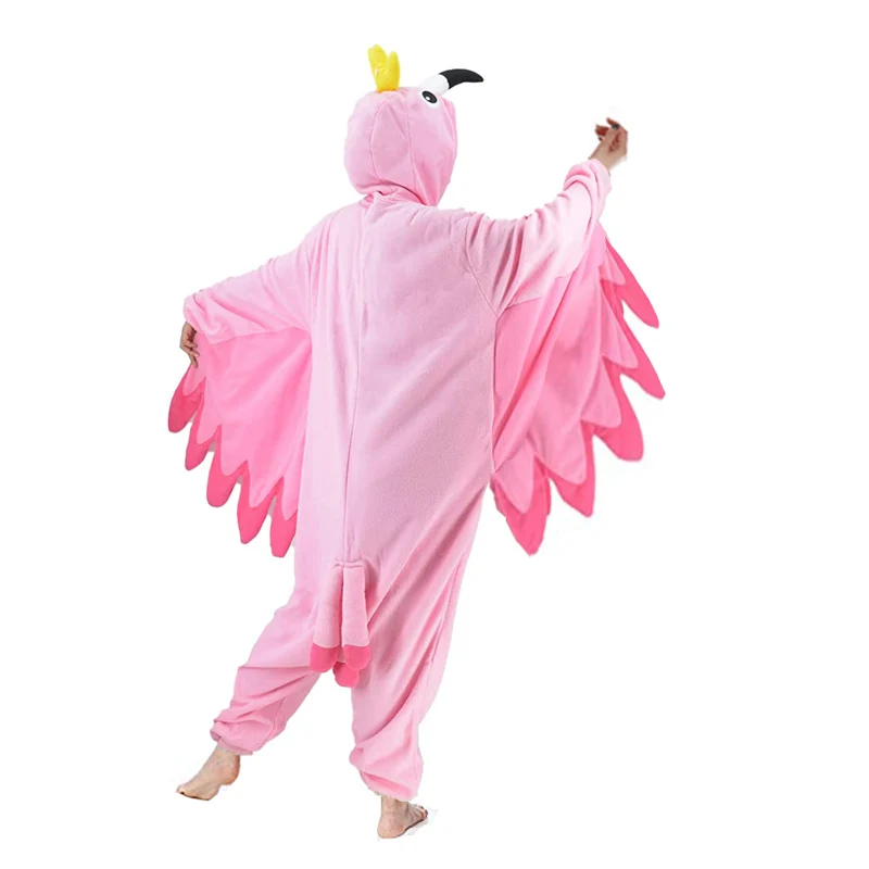 Unisex Flamingo Kigurumi Animal Costume Woolen Jumpsuit with Zipper for Halloween Party Cartoon Theme Role Playing Wear