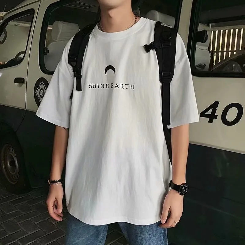 【M-8XL 】2026 New Men's Simple T-shirt Moon Letter SHINE EARTH Print Casual Loose Black Short Sleeve Tee