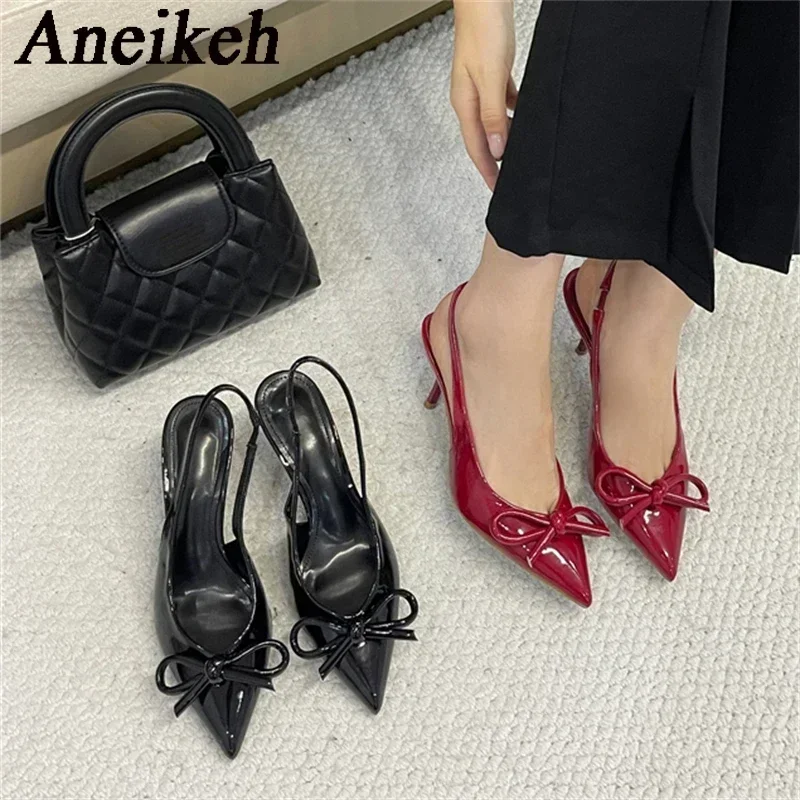 Aneikeh Street Style Sexy Red Pointed Toe High Heels Women Bow Shallow Fashion Slingbacks Shoe Sandals Pumps Dress Wedding Mules