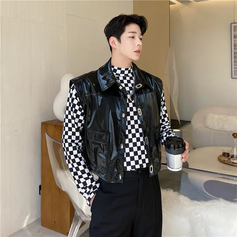 

Мужская куртка из искусственной кожи в стиле ретро с металлическим декором, эффектным дизайном, отложным воротником и глянцевой поверхностью, повседневная верхняя одежда