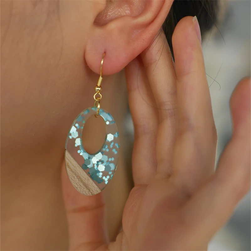 2-piece elegant natural wood resin gold foil hollowed out digital geometric earrings for women, bohemian style, holiday gift