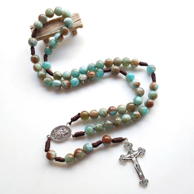

Vintage for Cross Pendant Weaving Necklace Acrylic Beads Sweater Chains for Women Men Wedding Jesus Jewerly Party Gifts