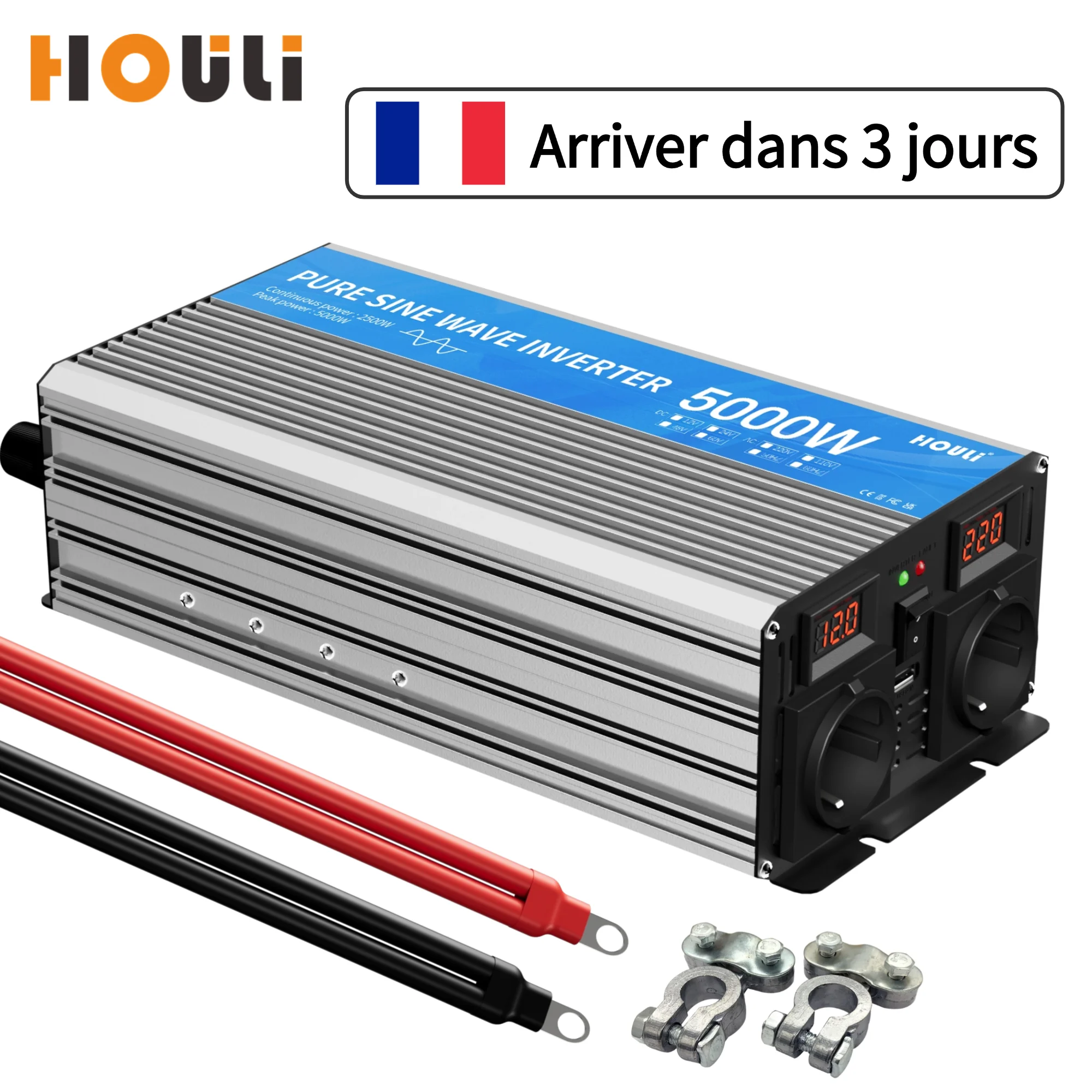 Houli 2500W/5000W Convertisseur 24v 220v/230v Pur Sinus Onduleurs Transformateur -2 Prise EU de Courant Alternatif,1 Port USB