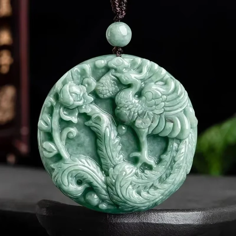 

Natural Myanmar Jadeite Phoenix Peony Pendant Double Side Carved Exquisite Luxury Men's and Women's Jade Necklace Jewelry
