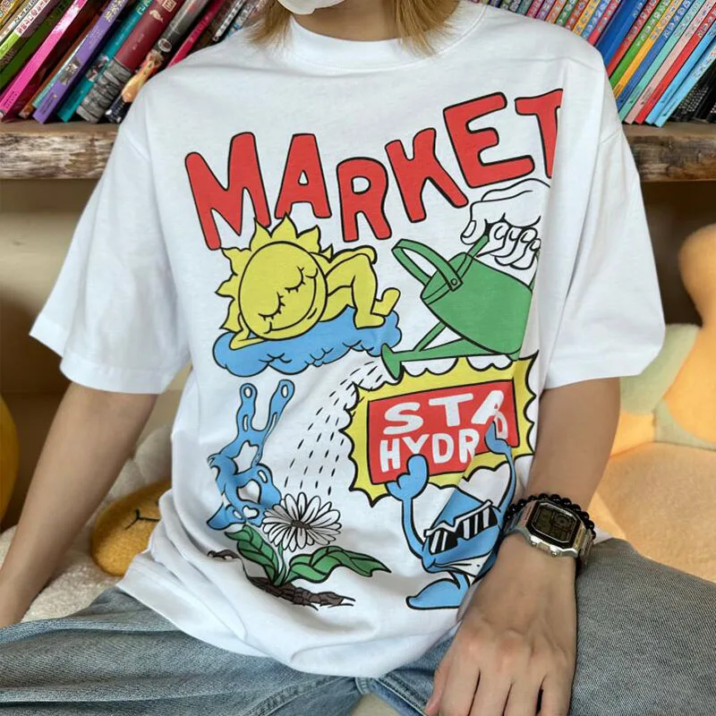 Summer Retro Style Stay Hydrated Cartoon Printing Unisex Loose White T Shirt Cute Cotton Short Sleeve Tops Casual Aesthetic Tees