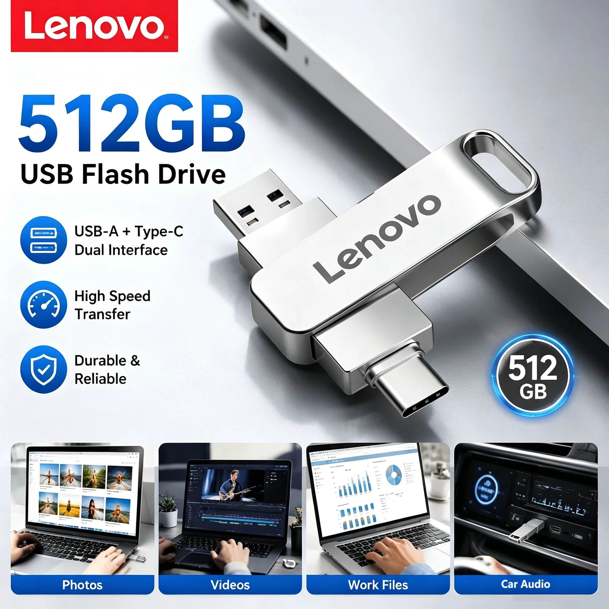 Lenovo USB3.2 USB Flash Drive 512GB OTG Pen Drive High Speed Type-C Flash Disk Real Capacity Metal Pendrive For Phone Computer