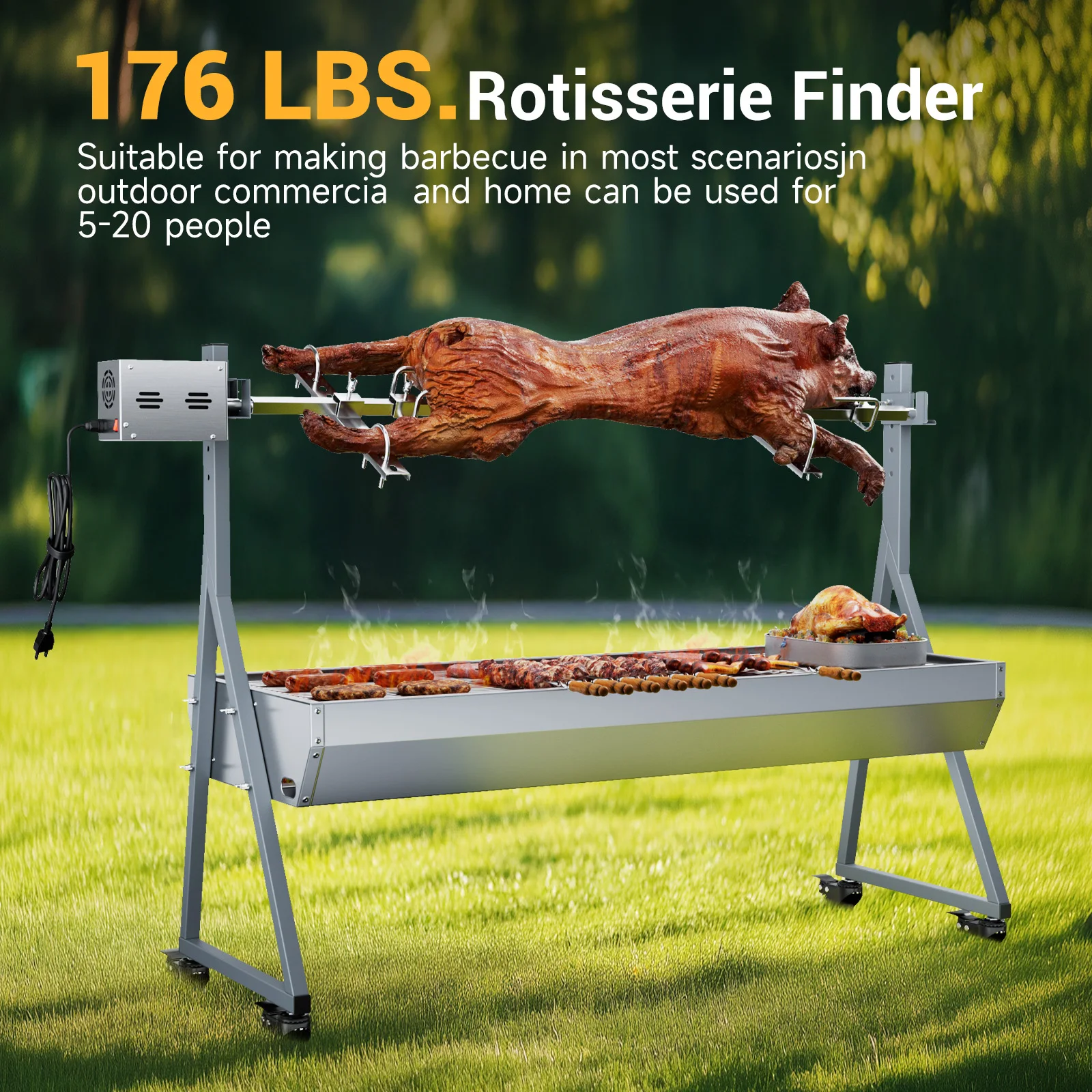 Parrilla Rotisserie de acero inoxidable con protector de cubierta trasera, Motor de 25W, cerdo pequeño, cordero, 2 en 1, asador de carbón para barbacoa, 176 libras