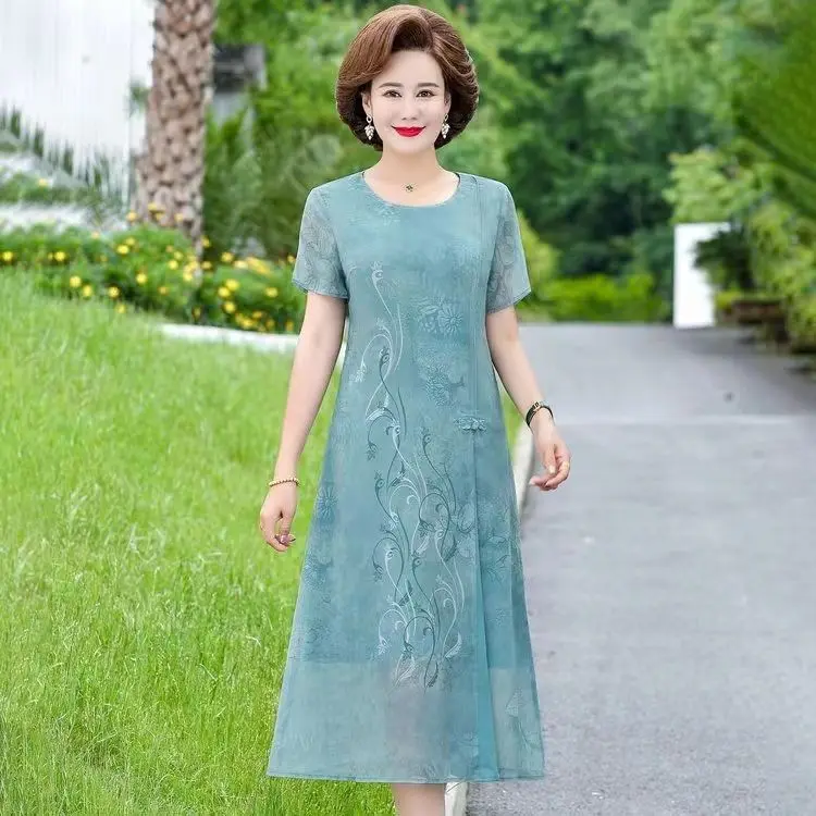 

Elegant Mom Summer Dress 2024 New Style Wide Lady Mid-Length Skirt for Middle-Aged Women Polyester Fiber Short Slee...