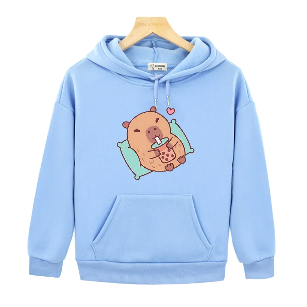 Capybara Loves Drinking Bubble Tea Hoodies Causal Children Kawaii Printing Sweatshirt with Pocket Sudadera Boys Girls Clothing