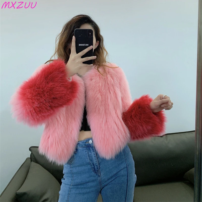 

Gradual Color Fox Fur Jackets for Women Knitted Short Real Fur Coats Tops Hotsweet Fresh Fashion Slim O-neck Manteau Femme Hiver