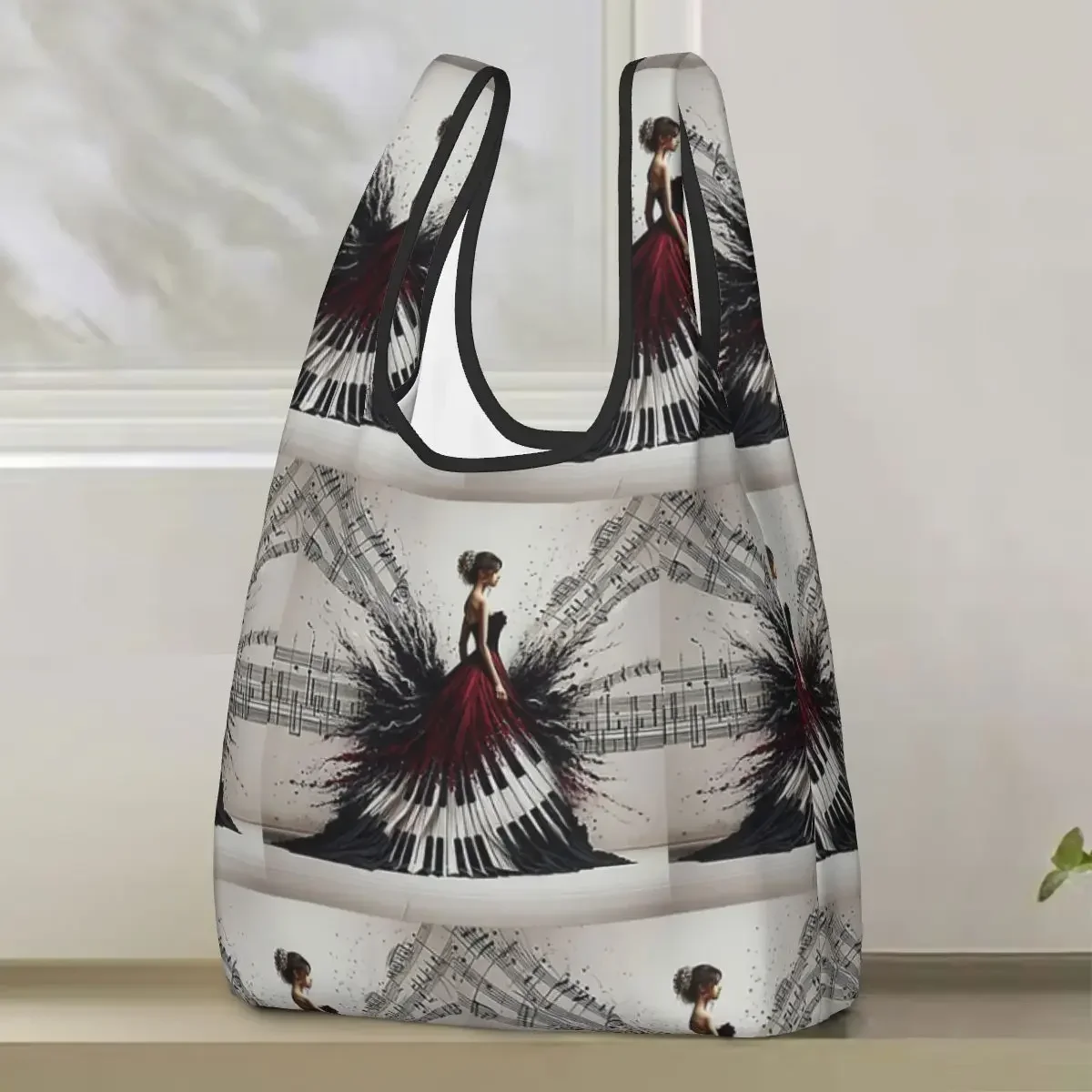 Beautiful Lady Piano Musical Notes, Wavy Dress Shopping Bag Portable Tote Bags Reusable Shoulder Shopper Bag Groceries Handbag