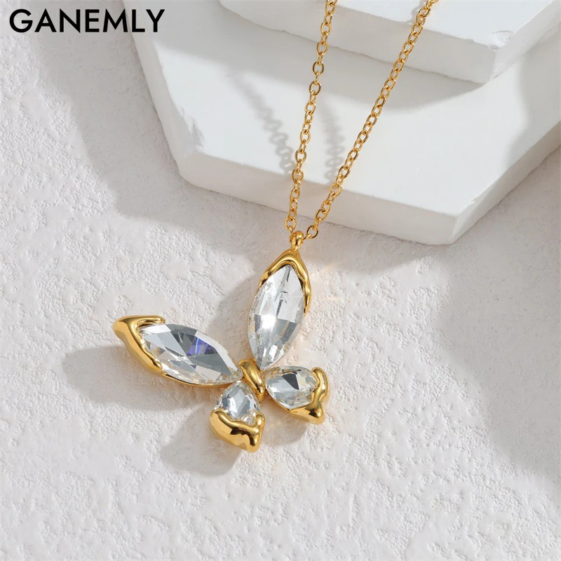 GANEMLY Klassische Halskette mit Schmetterlingsanhänger und eingelegtem Zirkon für Damen, 18 Karat Gold, PVD-beschichteter Edelstahl, Halskette, Partyschmuck