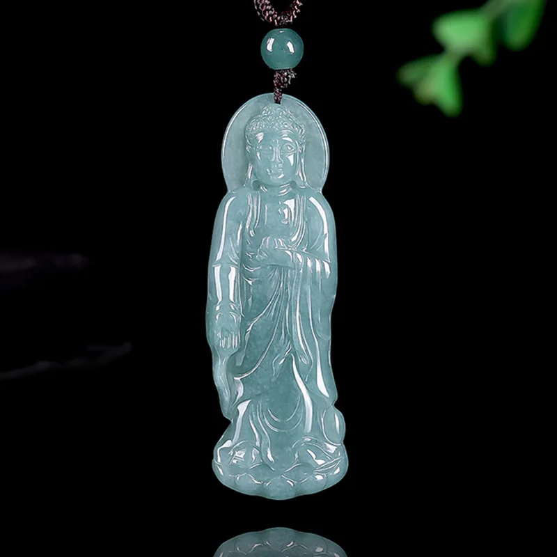 

Natural Jadeite Blue Water Three-dimensional Station Buddha Jade Necklace Pendant Men and Women Fashion Personality Amulet Gift