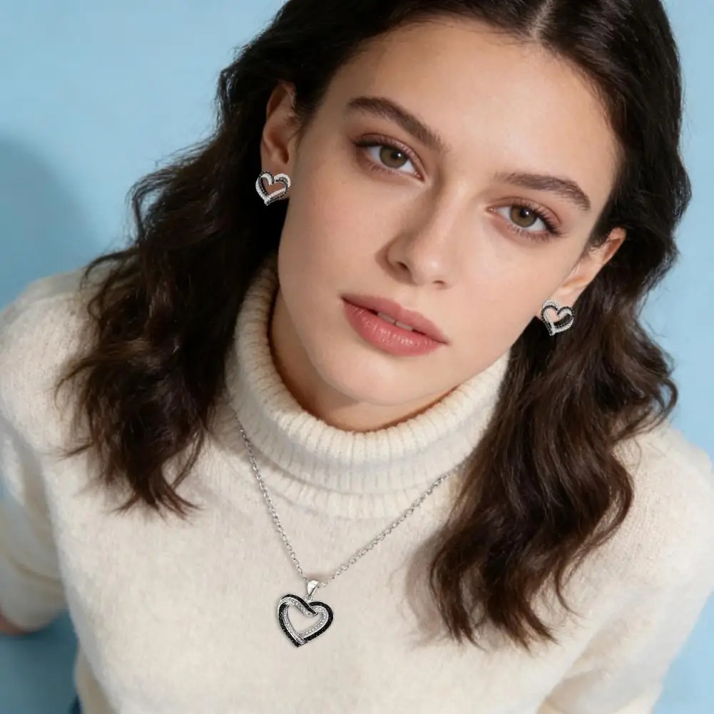 Love Heart Necklace Set Overlapping Hearts Pendant Overlapping Hearts Jewelry Set with Black White Rhinestone for Weddings