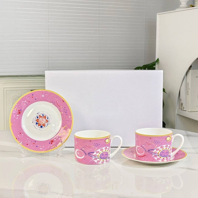 Home Bone China Coffee Cup Colorful Starry Sky Series Pink Double Cup Saucer Cartoon Pattern