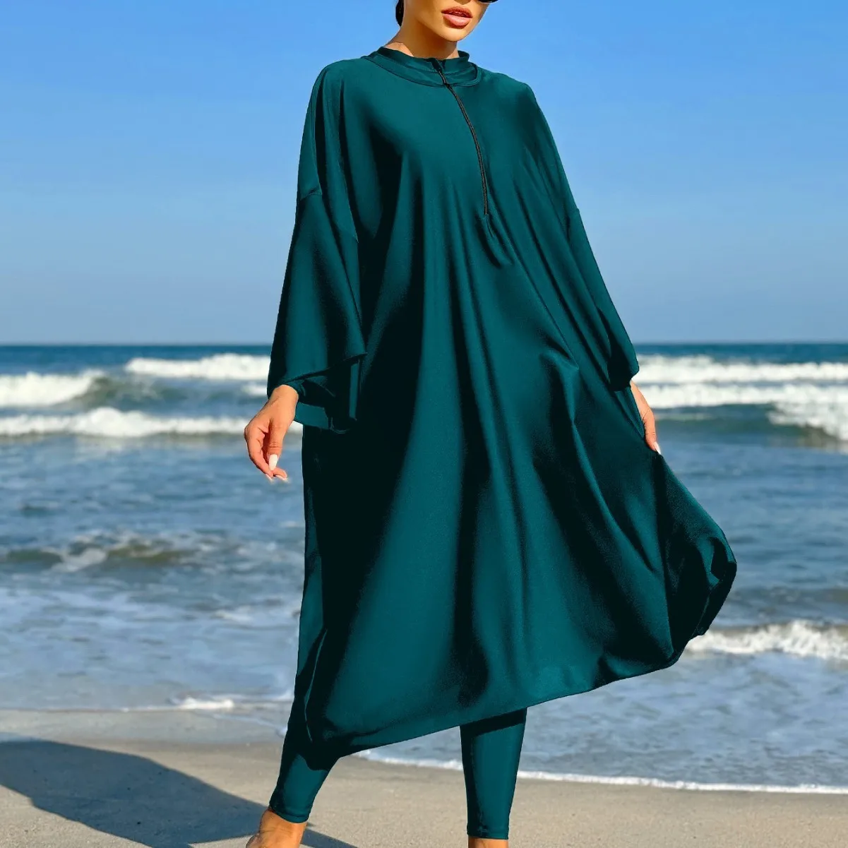 

Long Sleeve High Neck Dress Front Zipper Dresses Wide Bell Sleeves Maxi Dress Flowing Fabric Solid Teal A Line Silhouette