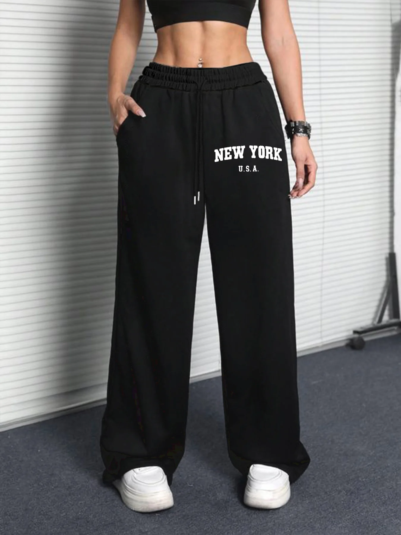 

Спортивные брюки с принтом Нью-Йорка, эластичная талия на шнурке, модные и универсальные, широкие брюки для улицы в стиле хип-хоп