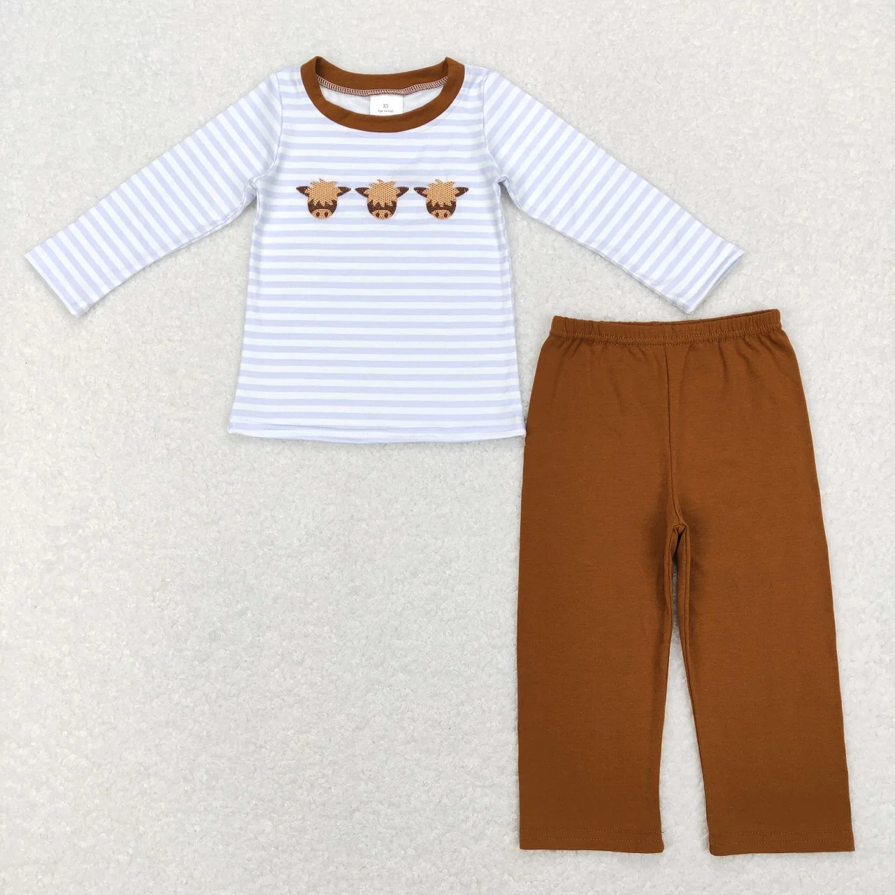 

Wholesale Baby Boy Embroidery Stripes Pullover T-shirt Children Cotton Brown Pants Sets Toddler Kids Western Cow Outfit Clothing