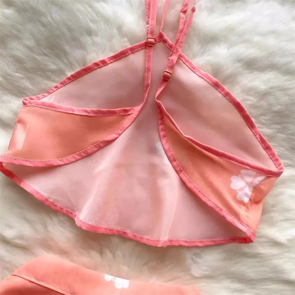 انظر من خلال الحلو مثير الرسن الرقبة أكمام قصيرة المحاصيل الأعلى حزام تنورة صغيرة مطبوعة الأزهار المرأة مجموعة الصينية Hanfu زي جديد #3