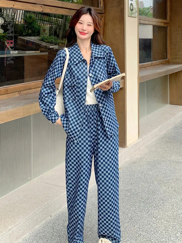 LANMREM Plaid Casual Two-piece Set For Women Lapel Single Breasted Shirt With Wide Leg Pants Autumn Female 2024 New 2Z2763