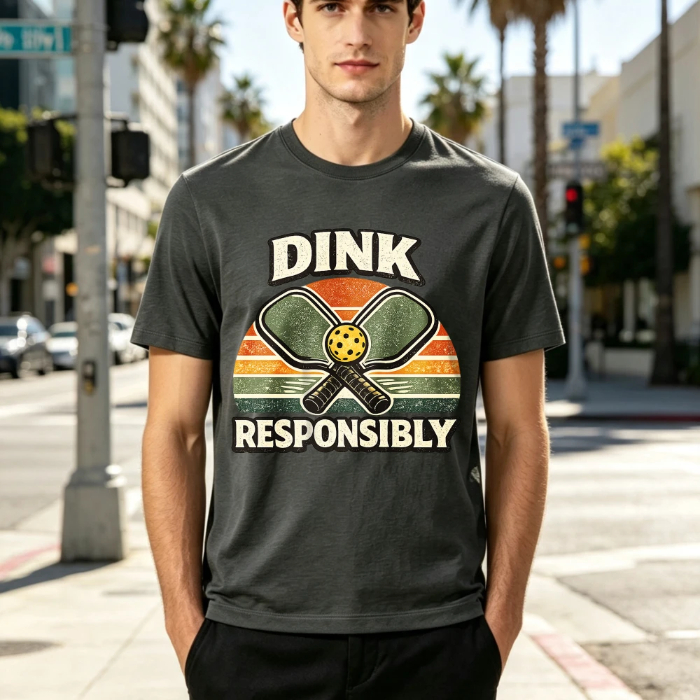 Dink Responsibly Pickleball Tee Women Men Vintage Paddles Black Short Sleeve Crew Neck Retro Casual Summer Outdoor Sports Gift