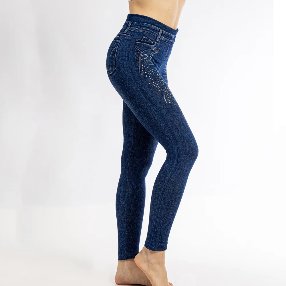 กางเกงเลกกิ้งทรงดินสอประดับเพชรหรูหรา สไตล์เกาหลี สำหรับผู้หญิง ฤดูใบไม้ผลิ รุ่นใหม่ เหมาะสำหรับใส่ทำงาน ผ้าเลียนแบบยีนส์ เอวสูง ยืดหยุ่น