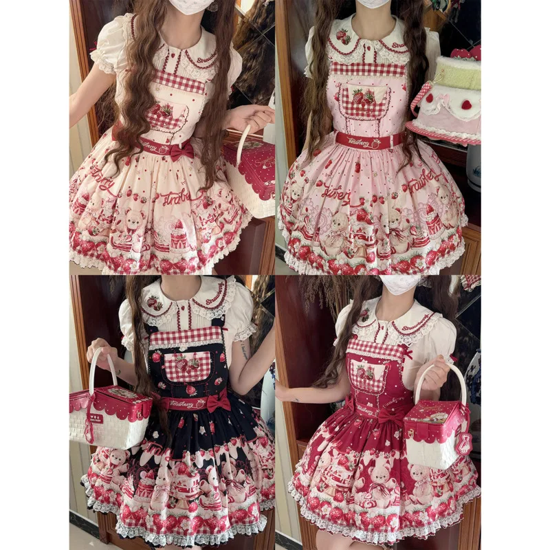 Strawberry Embroidery Strap Lolita Dresses Set Y2K Cake Bear Velvet Bow Printed Letter Checkered Hollow Strap Skirt Dresses New