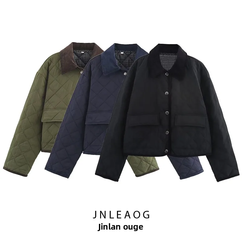 

JNLEAOG Autumn New Women's Faion Light Pink Corduroy Bfled Nylon Lazy Sle Collar Jaet Street Sle Long Sve Zipper