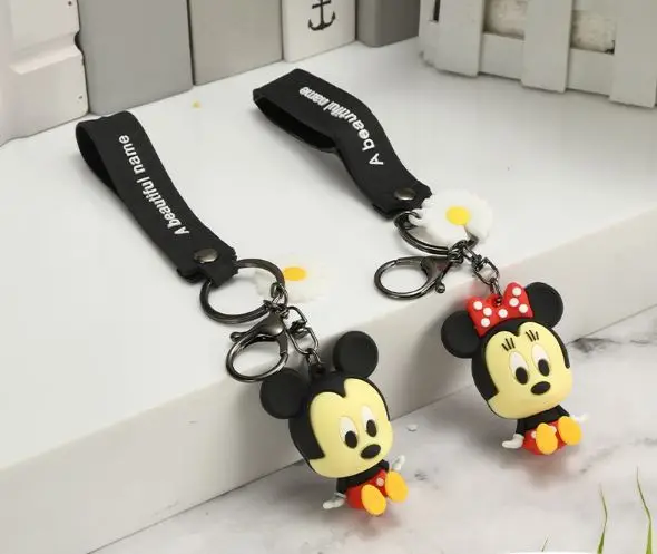 Disney Mickey Minnie Mouse Keychain Cute Cartoon Keyring Silicone Doll Charms Backpack Decoration Pendant Kids Birthday Gifts