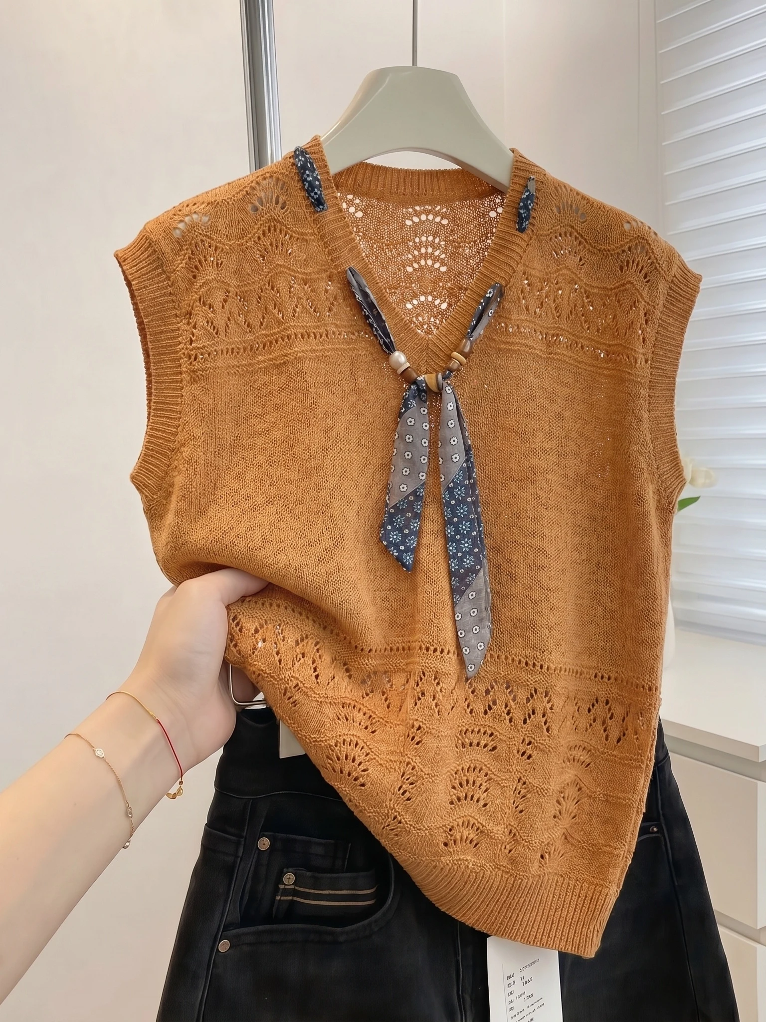 Orange Pumpkin Hollow out V-Neck Shoulder Length Vest Women's Outerwear Summer New Style plus Size Fat MM Scarf Top