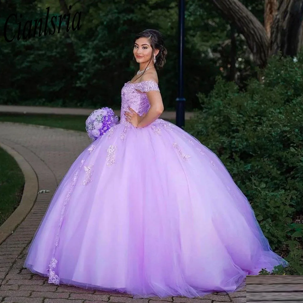 Lilac Off The Shoulder Sweetheart Quinceanera Dresses Tulle Appliques Beading Prom Dress For Women Evening Ball Gown Dress