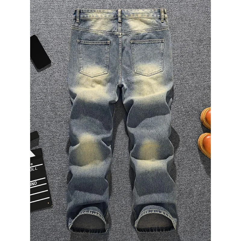 Jeans bonitos de rua para homens, retrô nostálgico, solto, tubo reto, remendo de piercing, feito de tecido jeans antigo, calças de pernas largas