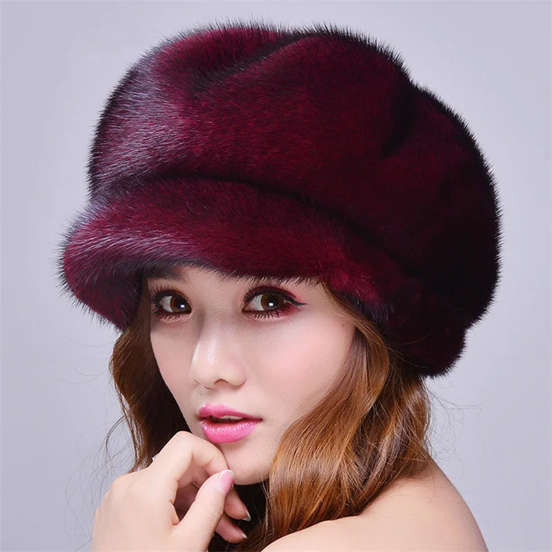 Women\'s Winter New Fur Hat Luxury Natural Mink Fur Warm Hat Fashionable Big Elastic Soft Thickened Windproof Fur Hat