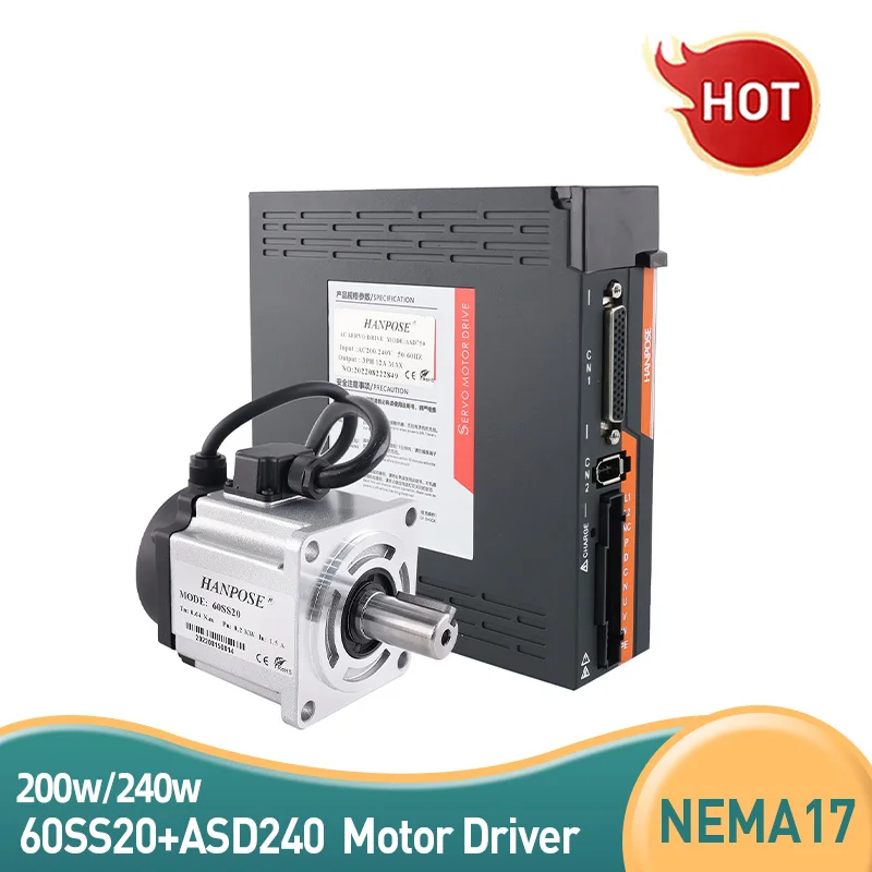 1.5A 0.64N.m 60SS20 AC200-240V ASD240 Servo Drive+3M Encoder Cable For Servo Woodworking CNC Router 200W Servo Motor drive Kit