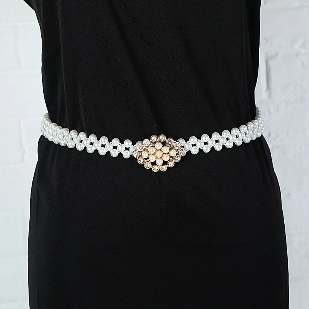 

Elegant Pearl Waist Chain White Bow Waistband Elasticated Dress Shirt Decoration Pearl Pendant Belt Women