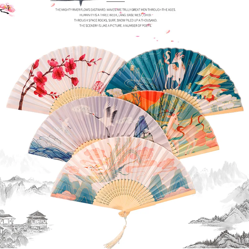 Vintage Folding Fan Chinese Style Flowers Hand Fans Wedding Women Dance Party Foldable Bamboo Fan Photo Props Home Art Craft