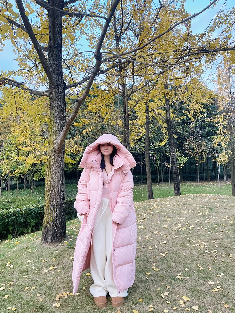 

Женское пуховое пальто Chao Long Nuan Nuan Zhan Meilai Long с капюшоном, до колен, розовое, теплое, для повседневной носки