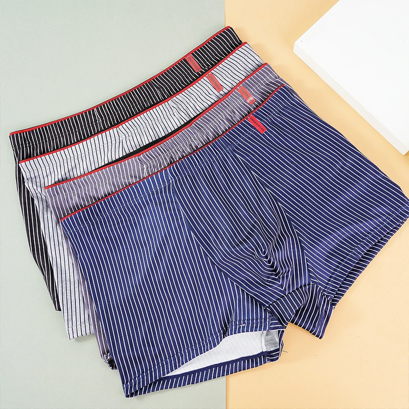 Men Simple Vertical Striped Boxer Briefs Comfortable Breathable Mid-Waist Underwear Teenage Daily Underpants