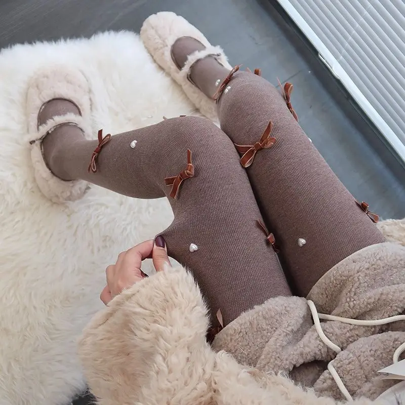 

Sweet Love Pearl Bow Stockings for Women with Velvet Thickened Warm Bottoming Pantyhose Autumn and Winter Style Versatile