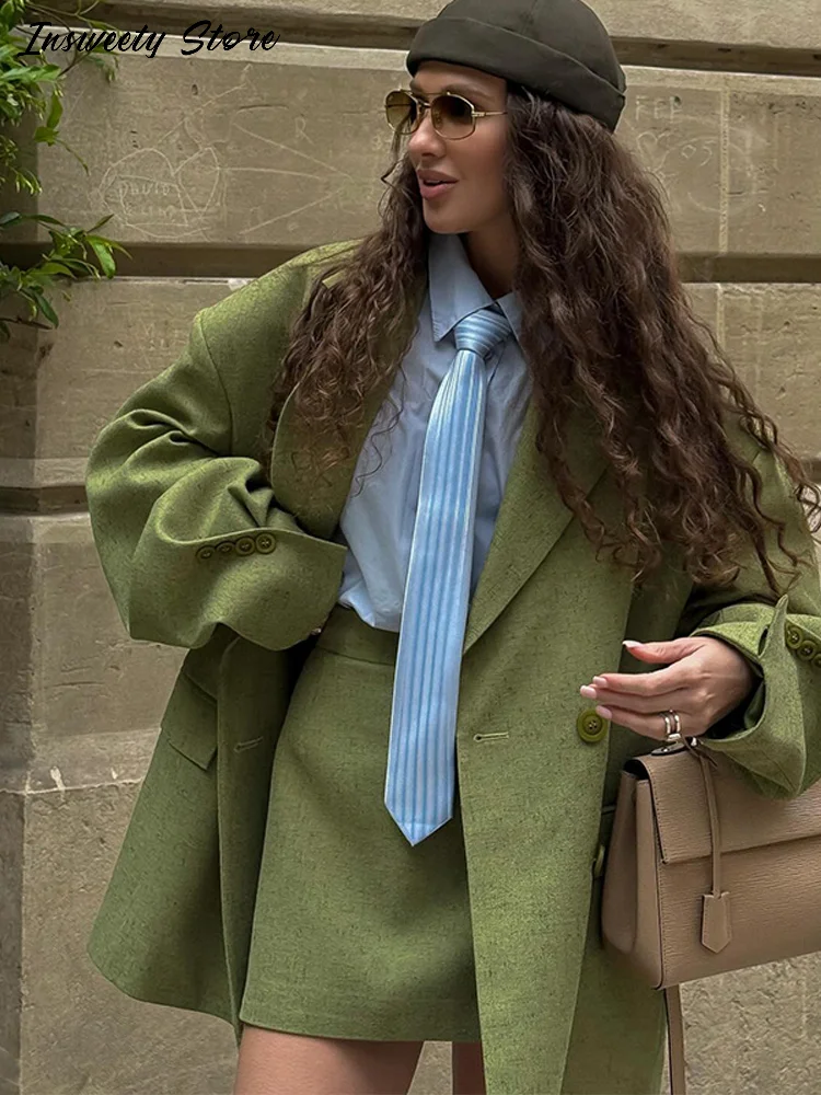 

Fashion Green Blazer Set Women's Lapel Long Sleeve Button Long vintage Jacket High Waist Mini Skirts 2025 Autumn New Lady Suit